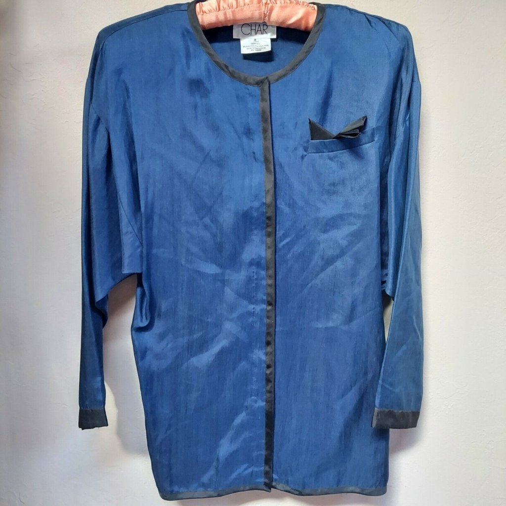 Char Womens Sz 8 Silk Blue Black Trim Button Up Shirt Blouse Top Long Sleeve New